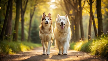 Obraz premium Minimalist Golden Retriever and Husky Walking in Park - Peaceful Dog Walk Scene