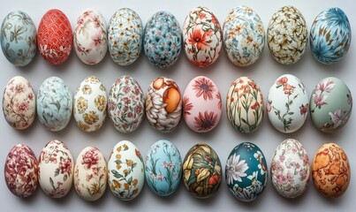 Collection of Perfectly organized Eggs with Floral Designs. Multicolored Easter Background.