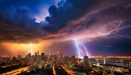 Fototapeta premium Dramatic Lightning Storm Illuminating the Cityscape: Electrifying Skies Over an Urban Horizon