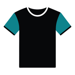 A vector graphic depicting a short sleeved T-shirt featuring a round neckline, rendered in black and white