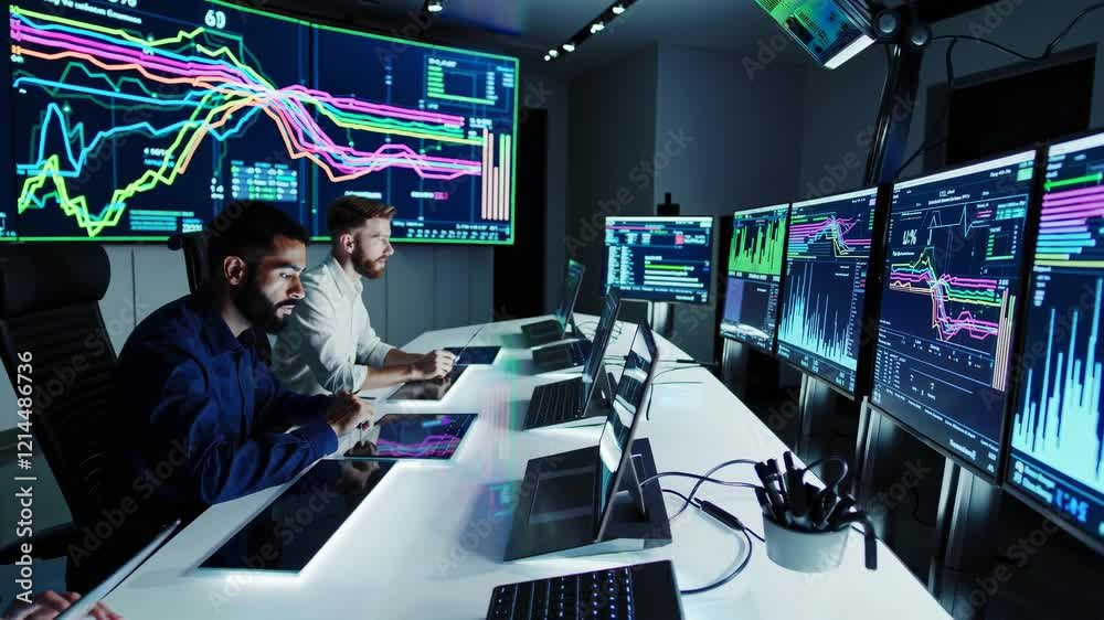 Leinwandbilder professionals analyze data in a modern office with advanced technology and multiple screens displayi