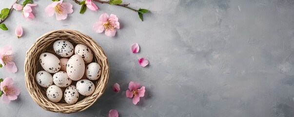 The top view of the easter eggs in the basket with spring flowers on the gray background.