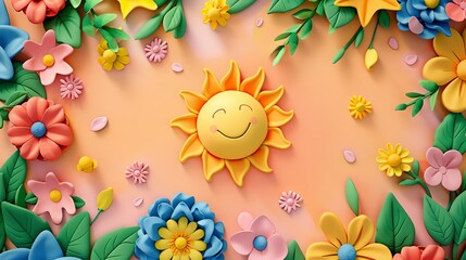 A smiling sun surrounded by flowers in a 3D illustration.
