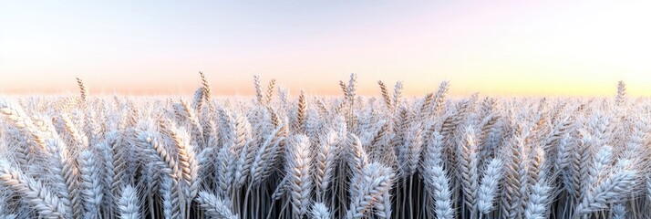 Frosty field sunrise, winter landscape. Peaceful nature scene