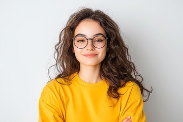 Fototapeta premium A smiling woman with curly hair wearing glasses and a yellow sweater, looking confidently at the camera against a soft grey background.