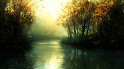 Obraz premium Golden Autumn River Misty Forest Scene
