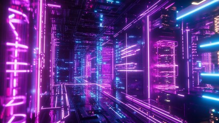 Futuristic neon city corridor, vibrant lights, reflective surfaces, digital background, perfect for tech or sci-fi projects