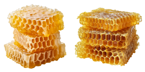 Set of a Honeycomb, honey-like blocks stacked together, isolated on transparent background.