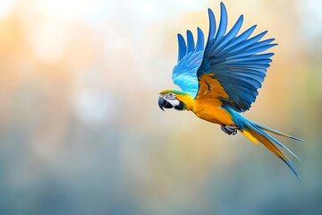 A vibrant blue and yellow macaw flying gracefully through the air, showcasing its stunning plumage against a softly blurred background.