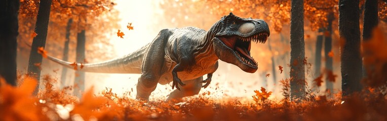 A roaring T-Rex in a forest, merging prehistoric power with nature's vibrancy. Great for entertainment, educational, or adventurous themes.