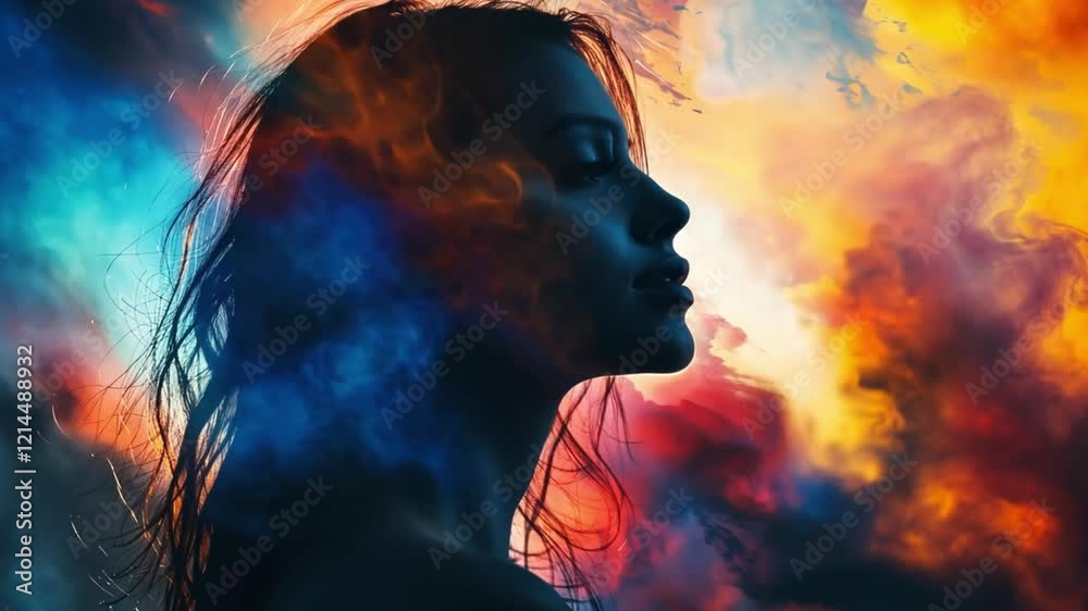 Poster A silhouette of a person is artfully integrated with vibrant, abstract colors and swirling clouds, creating a mesmerizing visual. The scene captures an enchanting blend of creativity and emotion.