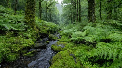 Obraz premium Misty forest stream, lush ferns, tranquil valley, nature background, ideal for relaxation