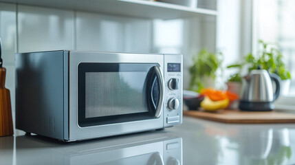 Fototapeta premium Sleek, modern microwave on a clean kitchen countertop with bright natural light and greenery in the background. Perfect for appliances, technology, and lifestyle themes.