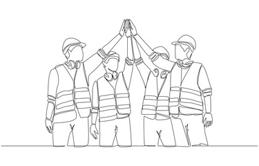 Continuous one line drawing of group of foreman and construction workers making high five gesture together, construction team meeting concept, single line art.