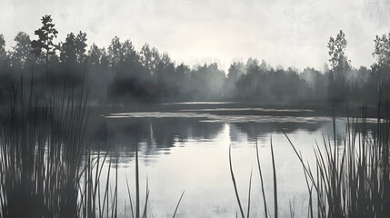 Monochrome Lake  Misty Forest  Nature  Calm Water  Reeds