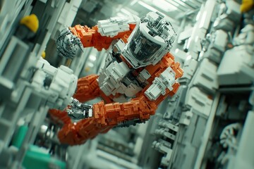 Futuristic robot working in a complex, high-tech environment.  Detailed mechanical design.