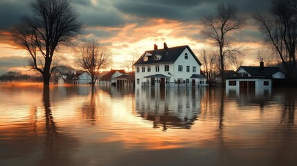 Obraz premium A striking captures aftermath a flood showcasing submerged homes eerie nature force