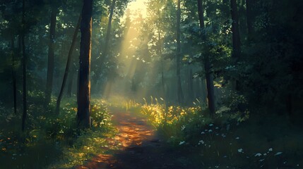 Fototapeta premium Sunlit Forest Path Magical Woodland Trail Nature Scene