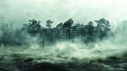A dramatic scene floodwaters surging through a dense forest showcasing nature fury