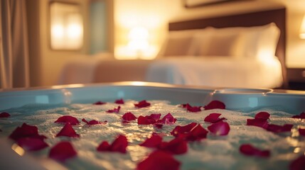 A romantic hotel room with a jacuzzi and rose petals on the bed, ready for a coupleâ€™s special night.