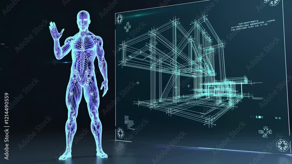 Leinwandbilder digital human model interacts with holographic interface in a futuristic setting showcasing advanced