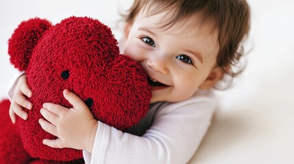 Joyful Baby Embracing a Red Bear