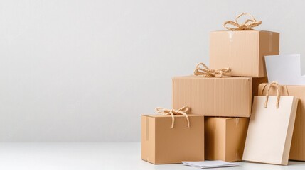 Stacked cardboard boxes and paper bags, delivery, white background, online shopping