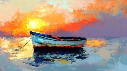Fototapeta premium Sunset Boat Painting Seascape Artwork Calm Ocean Colorful Sky