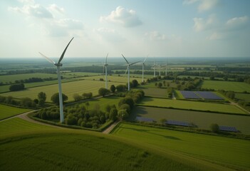 Eco-Friendly Landscape with Wind Turbines and Solar Panels Harnessing Renewable Energy in Lush Green Fields and Clear Sky