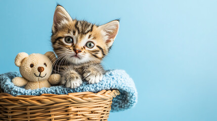 Cute kitten in a basket with a tiny teddy bear on blue background