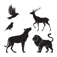 Graceful Animals (birds, deer, cat) silhouettes vector art illustration on white background