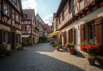 Fototapeta premium Charming Cobblestone Street in Quaint European Village with Historic Half-Timbered Houses and Colorful Floral Decorations
