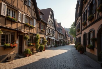 Charming Cobblestone Street in Quaint European Village with Historic Half-Timbered Houses and Colorful Floral Decorations