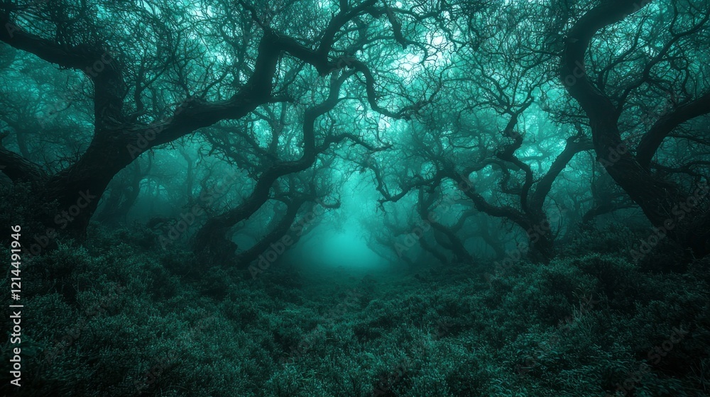Poster branches twist and reach towards the heavens, enveloped in a deep fog that blankets the forest floor