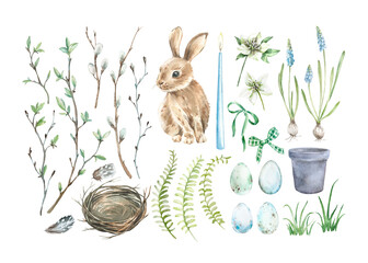 Easter set of hand drawn watercolor decorative elements. Rabbit, eggs, nest, fern leaves, flower pot, willow branches, feathers, candle and bows isolated on white background
