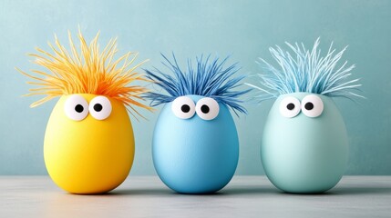 Playful egg characters with expressive eyes, surrounded by colorful decorations on a sandy beach-style setting, creative concept