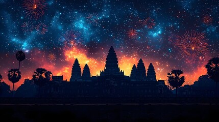 Colorful Fireworks Burst Over Ancient Temple under Vibrant Night Sky