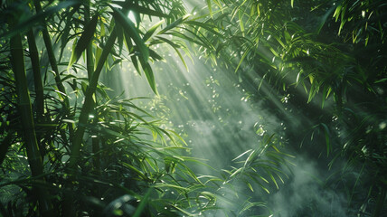 Fototapeta premium Tall bamboo stalks stretch skyward in a dense grove, their green hues creating a serene play of light and shadow.