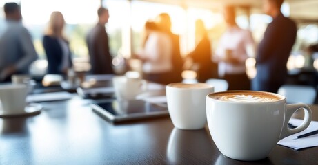 Une réunion d 'employés d'entreprise avec des tasses de café sur un table, arrière-plan flou avec des gens en costume debout, un espace de bureau avec de grandes fenêtres donnant sur l'extérieur.