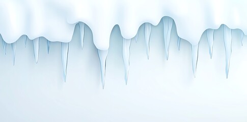 Close-up of icicles hanging from a snow-covered surface against a bright white background, creating a serene winter atmosphere that evokes feelings of cold and tranquility.