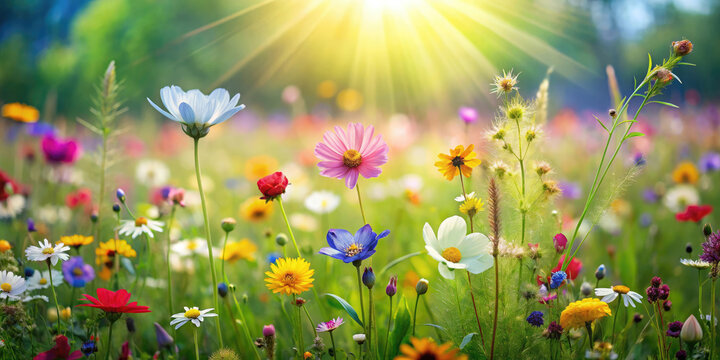 Colorful spring summer meadow flowers in nature outdoors.