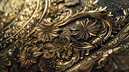 Close-Up of Intricate Metal Engravings: Detailed view of metal engravings on an antique object, with intricate patterns and symbols reflecting the artistry of traditional metalwork.
