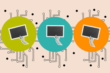 A collage of woman hands holding a blackboard on colored circles on a pink background