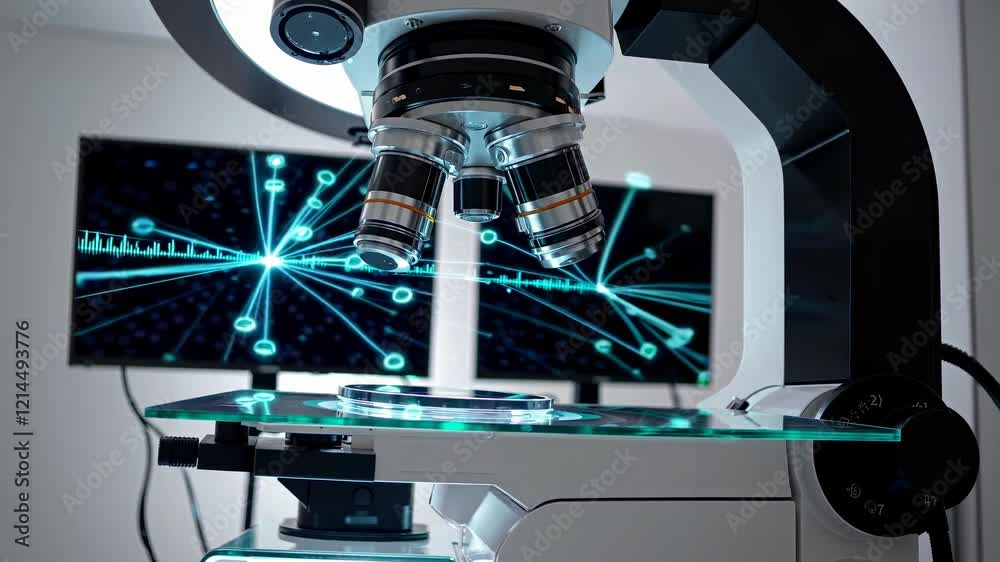 Poster exploring advanced microscopy technology in a modern laboratory with real-time data visualization