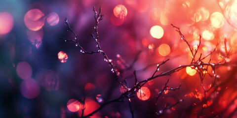 Blurred lights shining amongst tree branches, Christmas background