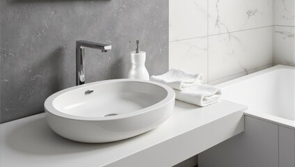 Fototapeta premium A pristine white oval sink rests on an expansive white countertop, stretching diagonally. A sleek silver faucet complements the scene on the left, inviting touch and use