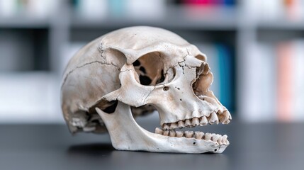 Obraz premium Human skull on desk, bookshelves background, anatomy study
