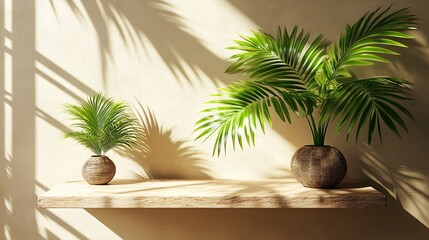 Obraz premium Elegant product podium with soft palm leaf shadows on a beige wall, evoking a calm, tropical atmosphere for showcasing items in a minimalist design.