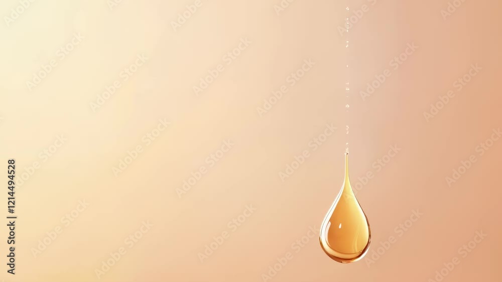 Poster Golden translucent drop dripping on a gradient background, creating a perfect image for cosmetics, skincare, or any product related to liquids