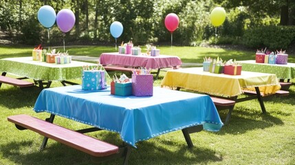 Colorful birthday party picnic outdoors,  festive gifts, green lawn background, event celebration